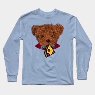 Cute Teddy Bear Portrait with Pepperoni Pizza Slice Long Sleeve T-Shirt